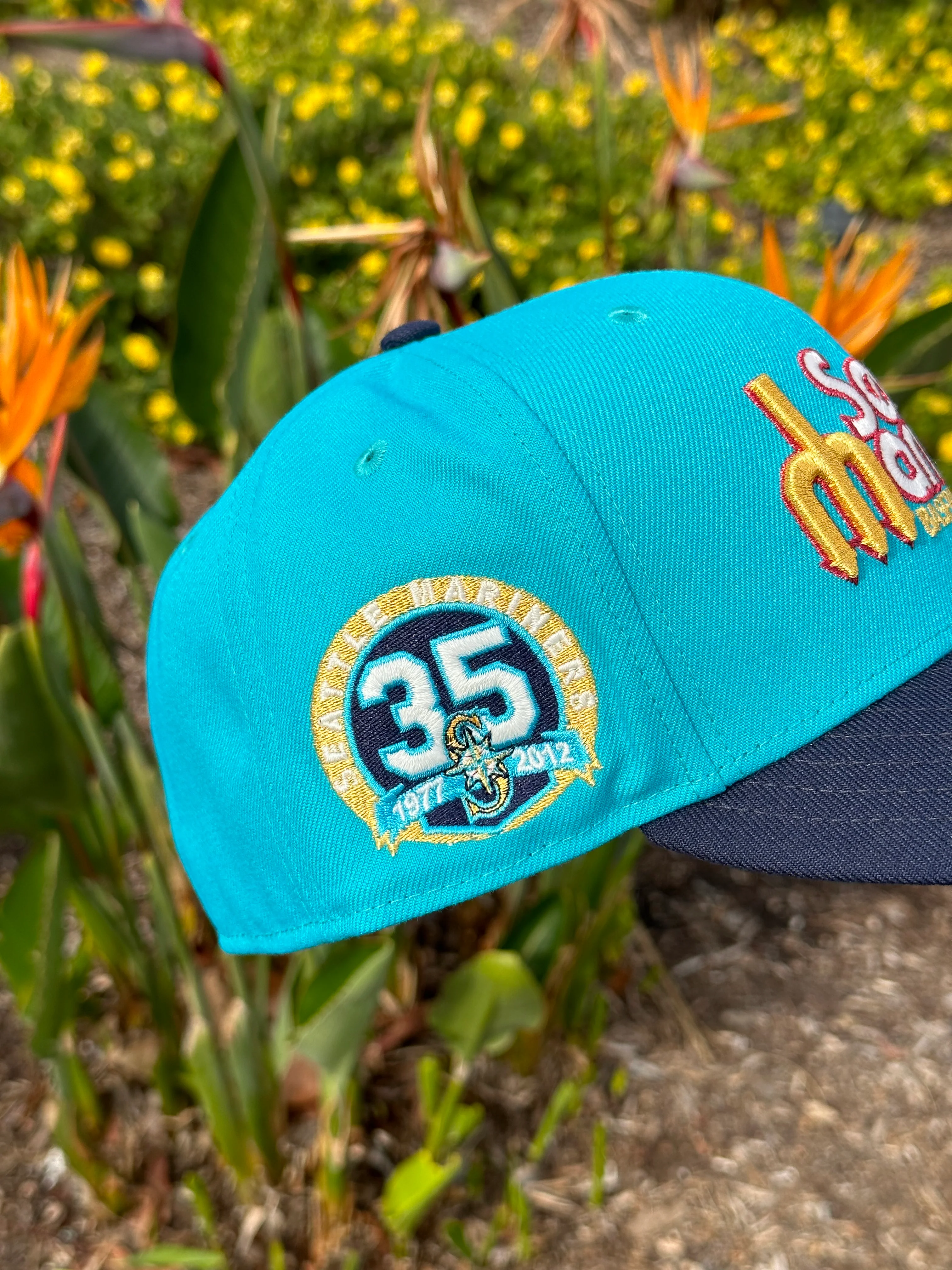 NEW ERA EXCLUSIVE 59FIFTY TEAL/NAVY BLUE SEATTLE MARINERS SCRIPT W/ 35TH ANNIVERSARY PATCH - Image 4