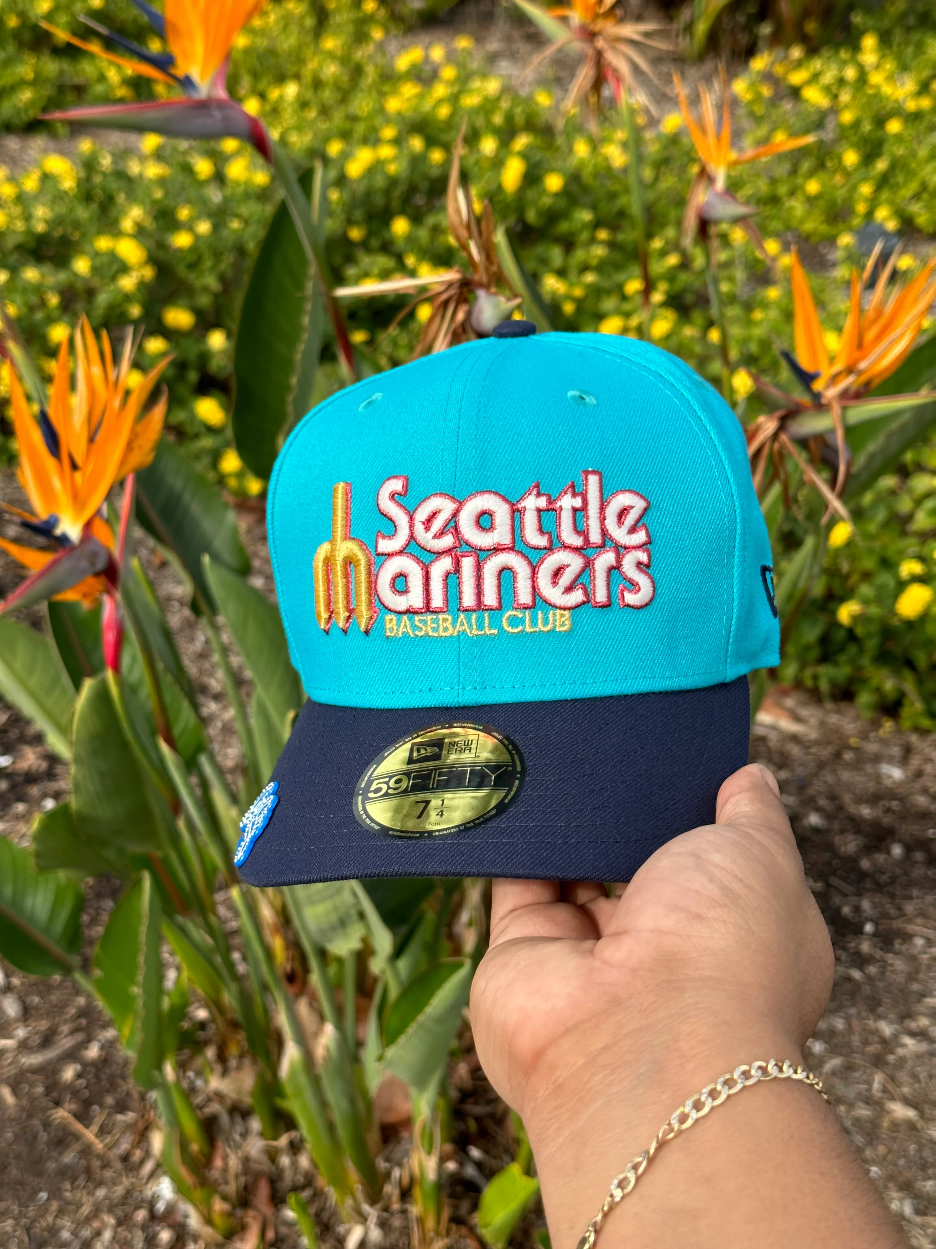 NEW ERA EXCLUSIVE 59FIFTY TEAL/NAVY BLUE SEATTLE MARINERS SCRIPT W/ 35TH ANNIVERSARY PATCH - Image 5