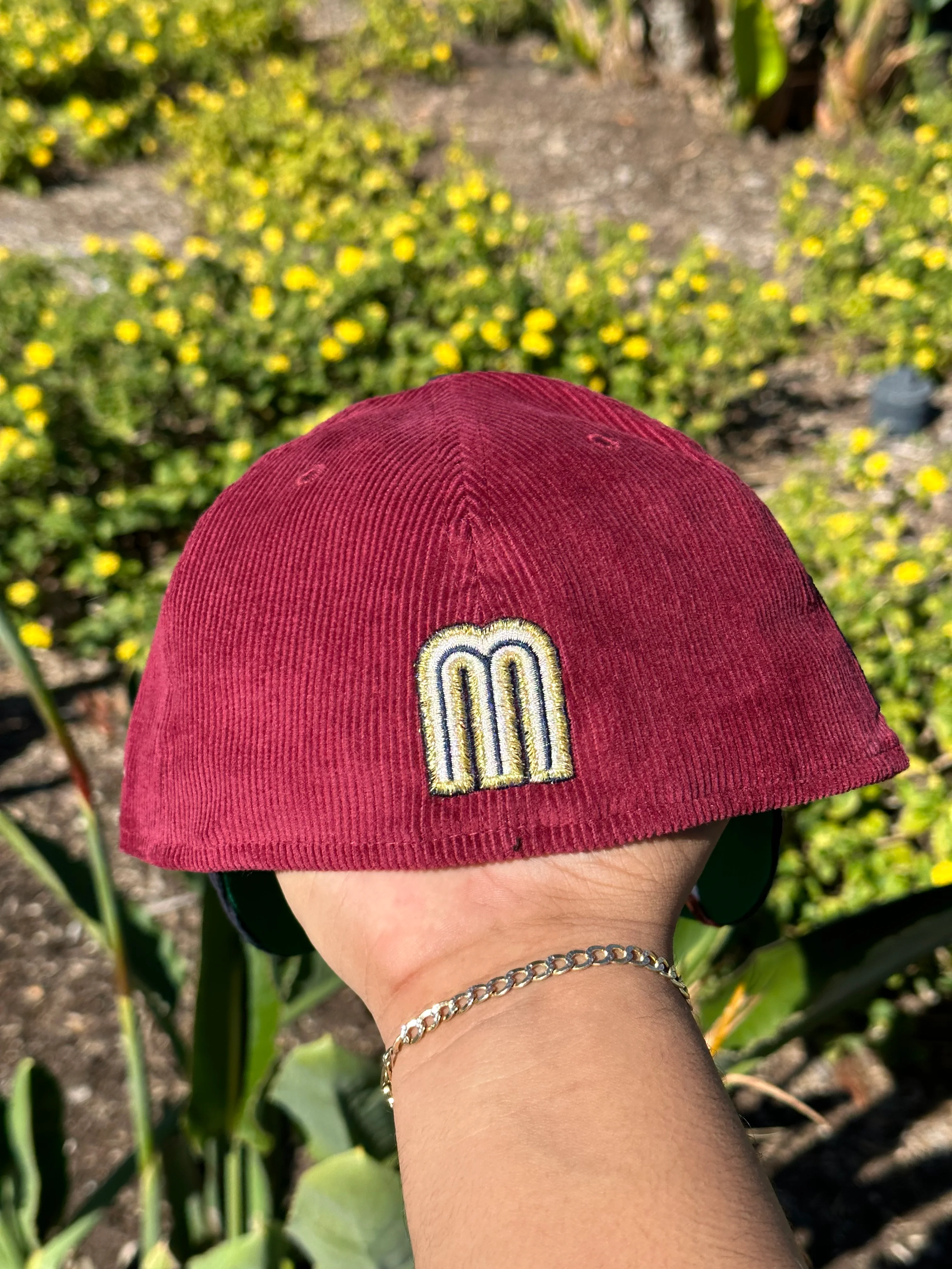 NEW ERA EXCLUSIVE 59FIFTY BURGUNDY/NAVY CORDUROY MEXICO SCRIPT W/ MEXICO FLAG SIDE PATCH - Image 7